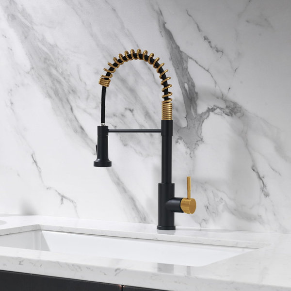 AMIBZ Black And Gold Kitchen Faucet With Pull Down Sprayer, Single
